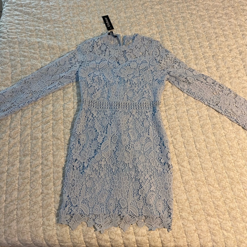 Blue Eilly Bazar Tie Back Ruffle crew Neck Lace Dress Sz Large